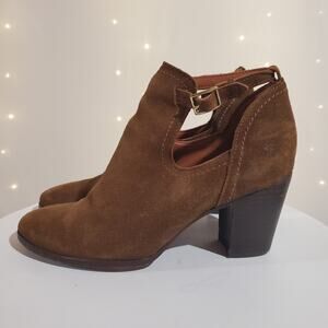 Frye Meghan Suede Ankle Buckle Strap Cut Out Heel Booties Womens Size 9 Brown